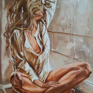Abstrakcyjny plakat portret kobiety plaża obraz olejny boho Fioletowy