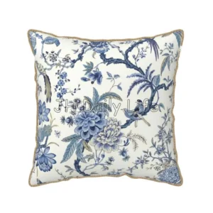 Aksamitna poszewka chinoiserie niebiesko-biała ptaki kwiaty 45x45 cm Czarny