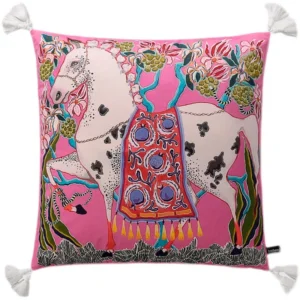 Aksamitna poszewka różowa róża koń z frędzlami retro 45x45 cm Pomarańczowy
