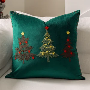 Aksamitna poszewka na poduszkę świąteczna z haftem — choinka 45x45 cm Niebieski