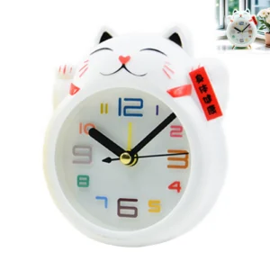 Budzik z figurką Lucky Cat — mały zegar stołowy w stylu japońskim Biały