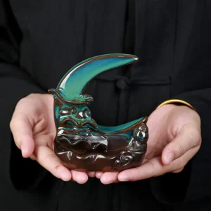 Ceramiczna kadzielnica reflux z motywem księżyca i lotosu — styl Zen Czerwony