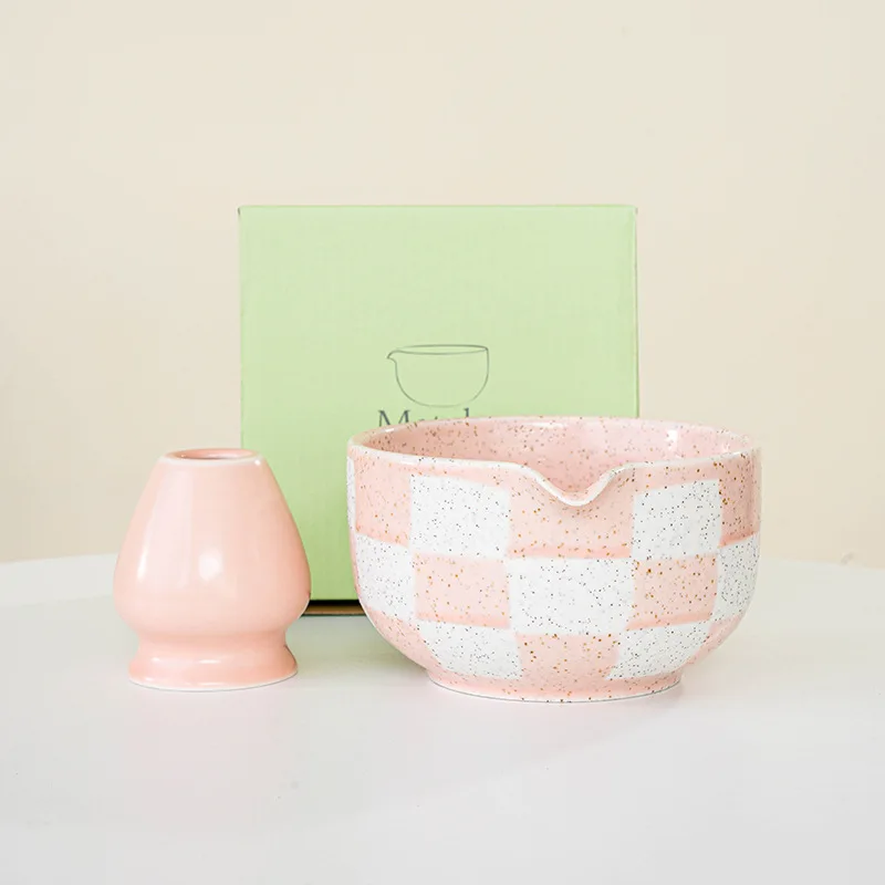 Ceramiczna miseczka do matcha w szachownicę – duża, żaroodporna Jasnoszary