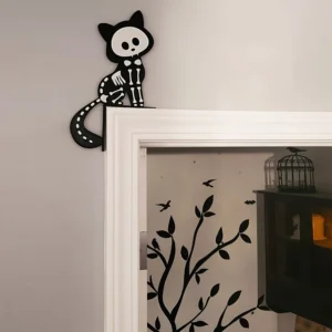 Dekoracja ścienna Halloween czarny kot szkielet do drzwi Biały