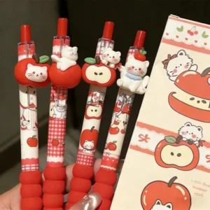Długopisy żelowe Kawaii z kotem i jabłkiem, miękki uchwyt, 4 szt. Wielokolorowy