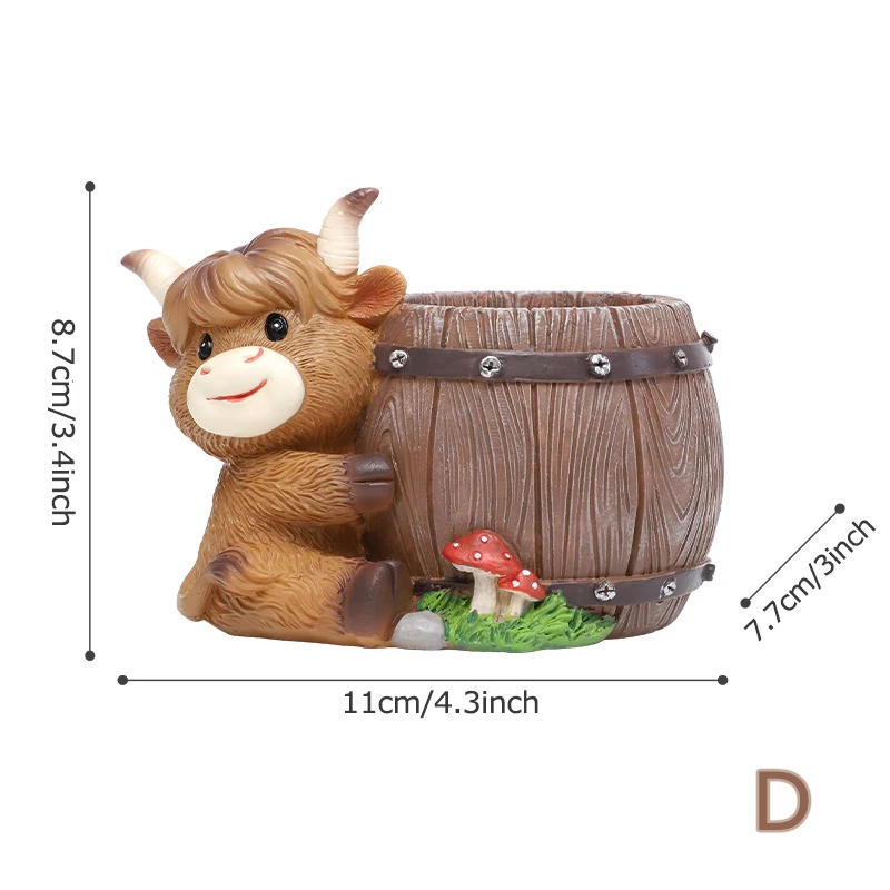 Doniczka z żywicy w kształcie krowy Highland - mini ozdoba na biurko Burgundia