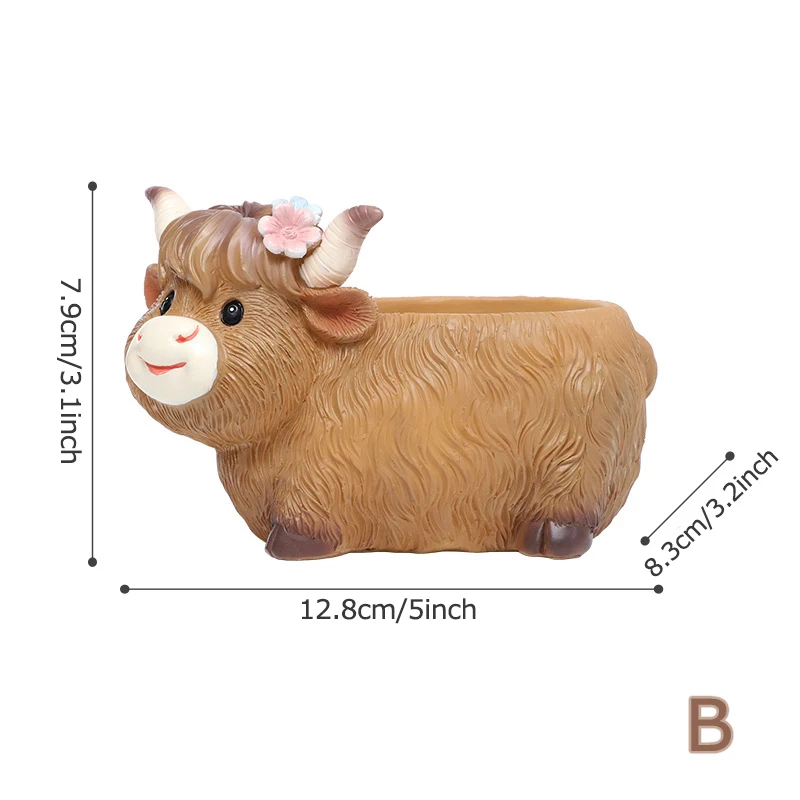 Doniczka z żywicy w kształcie krowy Highland - mini ozdoba na biurko żółty