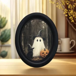 Drewniana dekoracja ścienna Halloween - duch i czarny kot Czarny