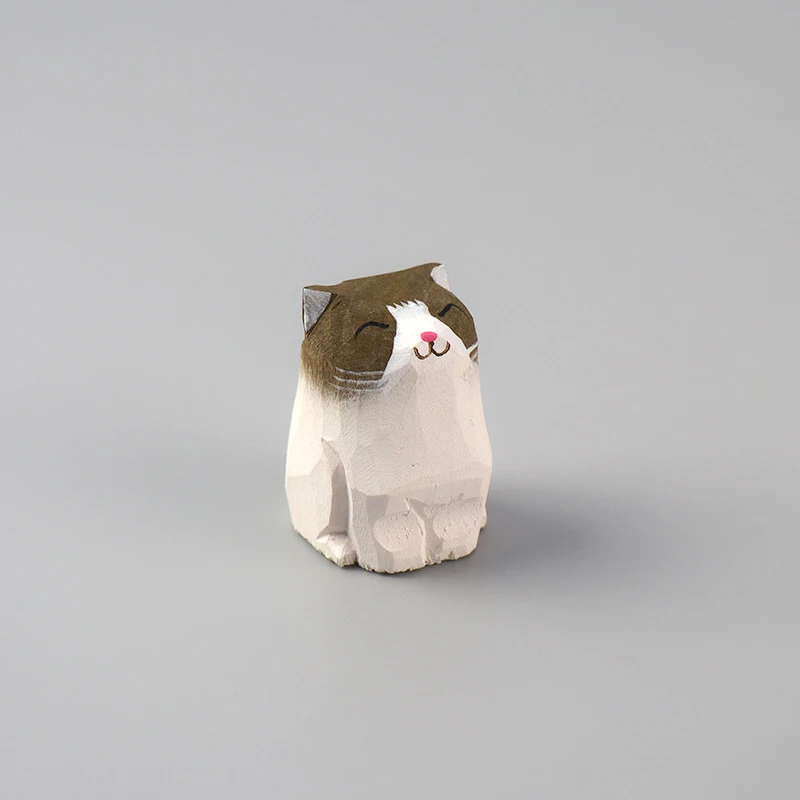 Drewniana rzeźbiona figurka kota i psa ręcznie malowana miniatura Ciemny szary