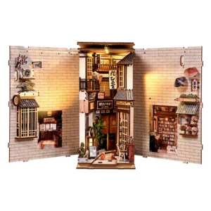 Drewniane Book Nook DIY Kocia Uliczka 3D miniaturowy domek do składania Jasny brąz