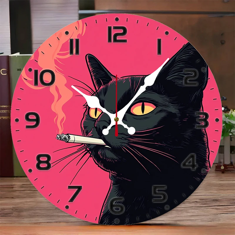 Drewniany cichy zegar ścienny okrągły z motywem Cool Cat Fuksja