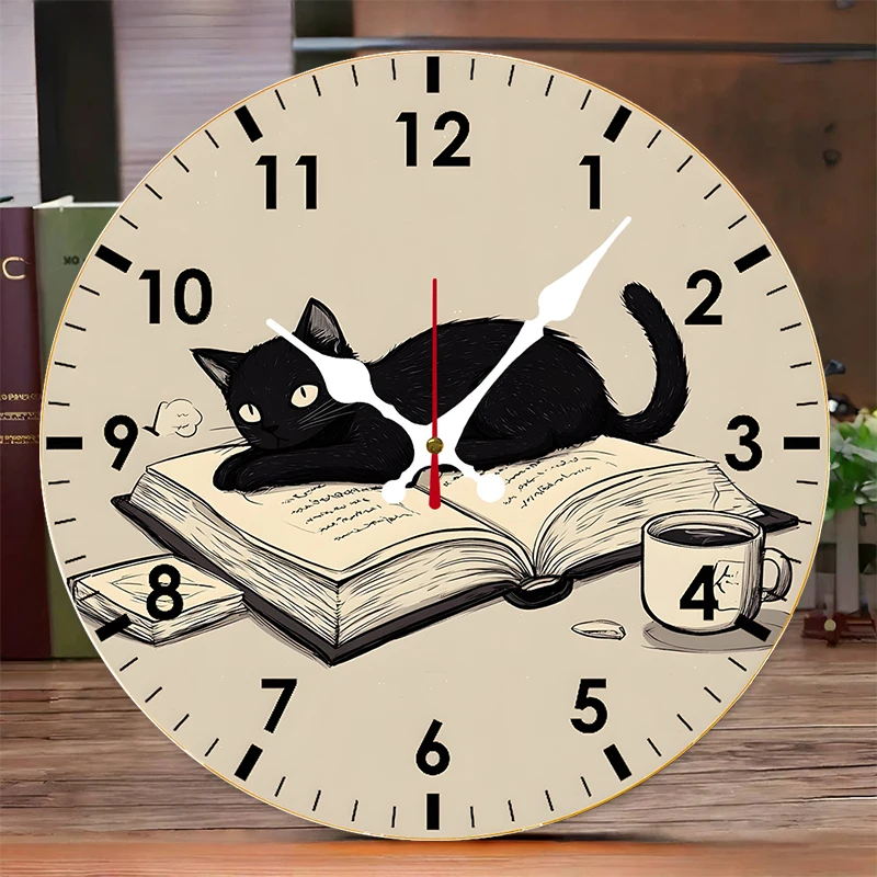 Drewniany cichy zegar ścienny okrągły z motywem Cool Cat Jasnożółty