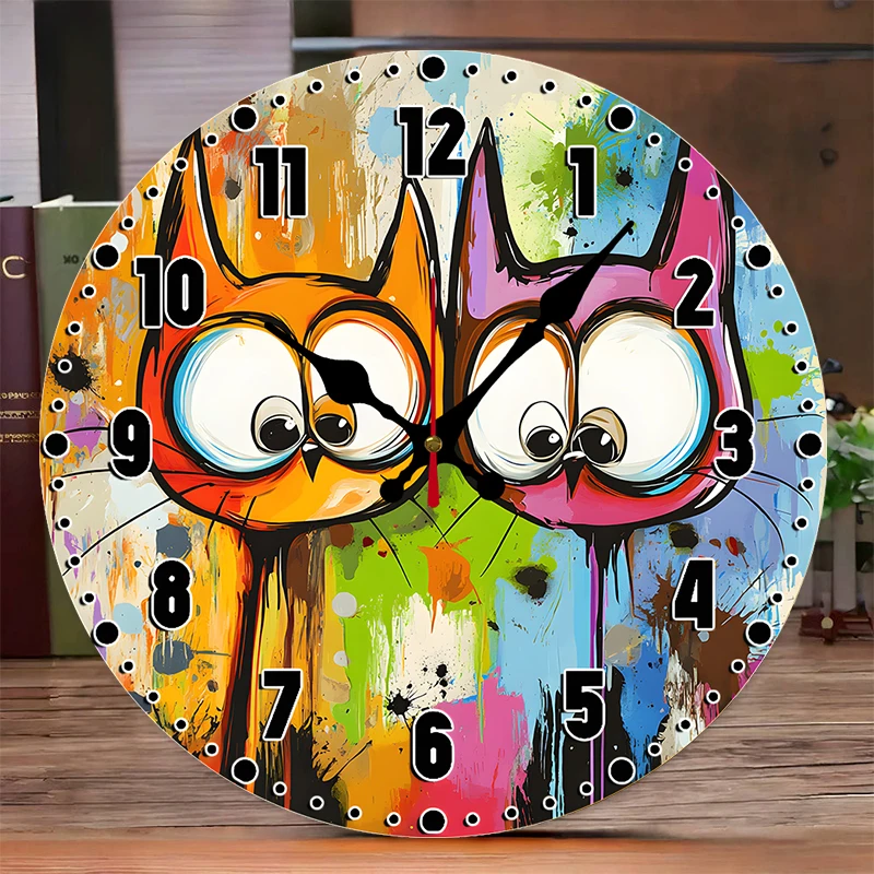 Drewniany cichy zegar ścienny okrągły z motywem Cool Cat Różowy