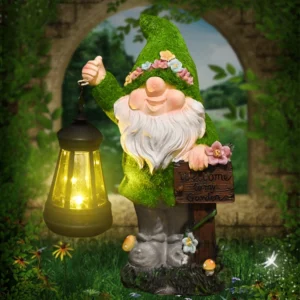 Figurka krasnala ogrodowego z solarną latarnią — śmieszny gnome z żywicy do ogrodu Zielony