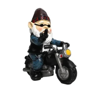 Figurka ogrodowa - skrzat na motocyklu, dekoracja z żywicy Róża