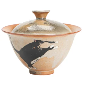 Gaiwan z porcelany w stylu vintage z motywem kota Jasnożółty