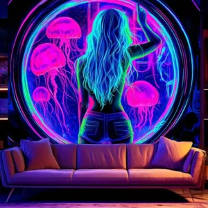 Gobelin cyberpunk z meduzą do pokoju gamingowego Czarny