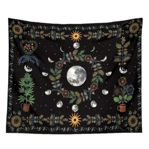 Gobelin ścienny z fazami księżyca i motywem kwiatów — mandala boho Morela