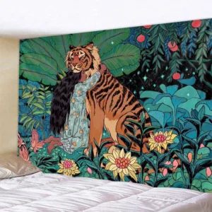 Gobelin mandala dzikie zwierzęta – lew tygrys leopard dekoracja boho Armijna zieleń