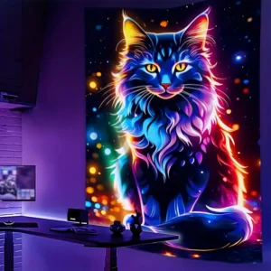 Gobelin neonowy czarny kot UV do pokoju i sypialni Morela