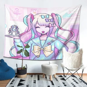 Gobelin pixel art anime dziewczyna – różowo-fioletowa dekoracja pokoju Armijna zieleń
