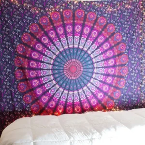 Gobelin ścienny mandala boho — mata plażowa i obrus 200x148 cm Fioletowo szary