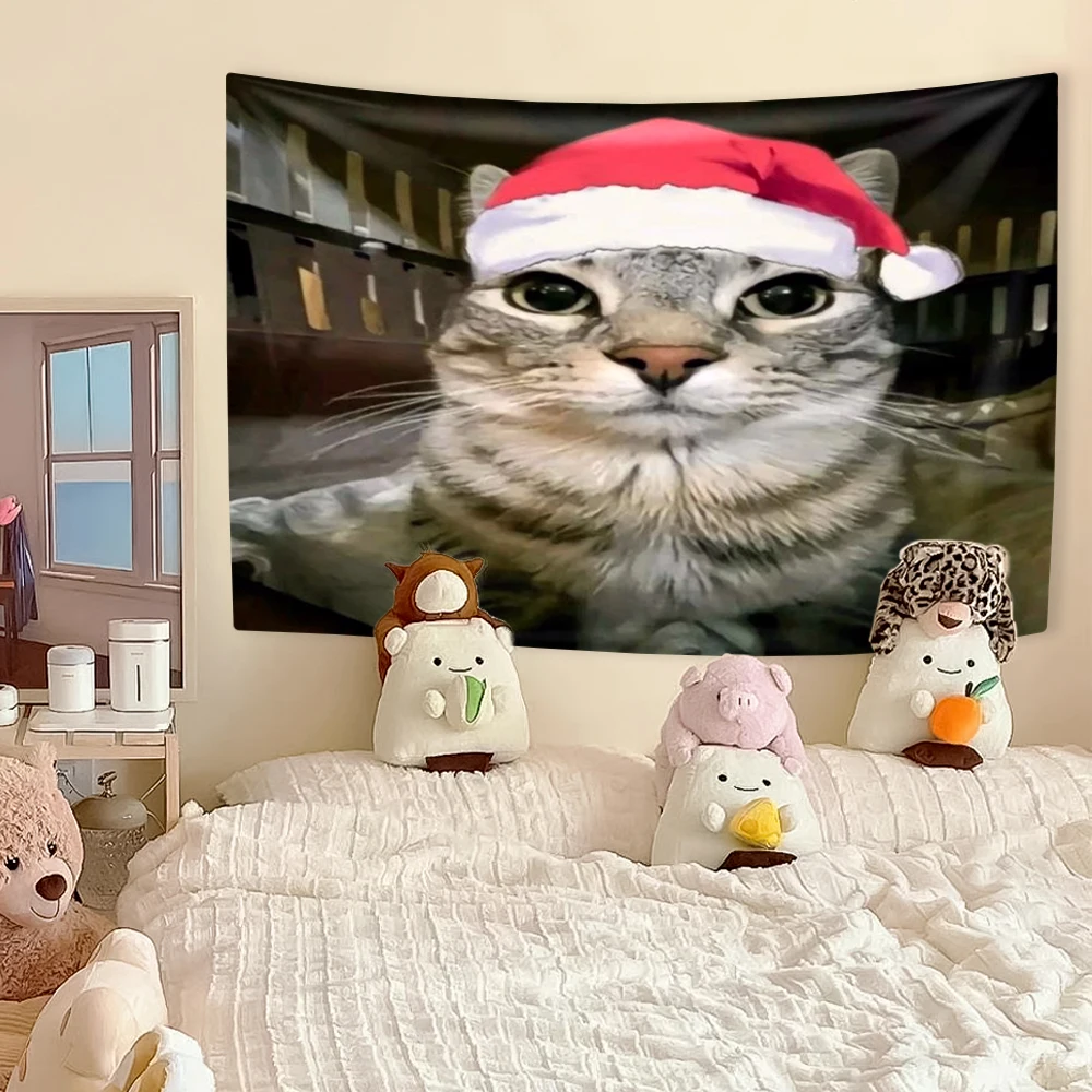 Gobelin śmieszny kot mem - dekoracja ściany Kawaii Fioletowo szary