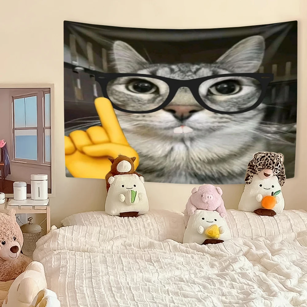 Gobelin śmieszny kot mem - dekoracja ściany Kawaii Oliwkowy brąz