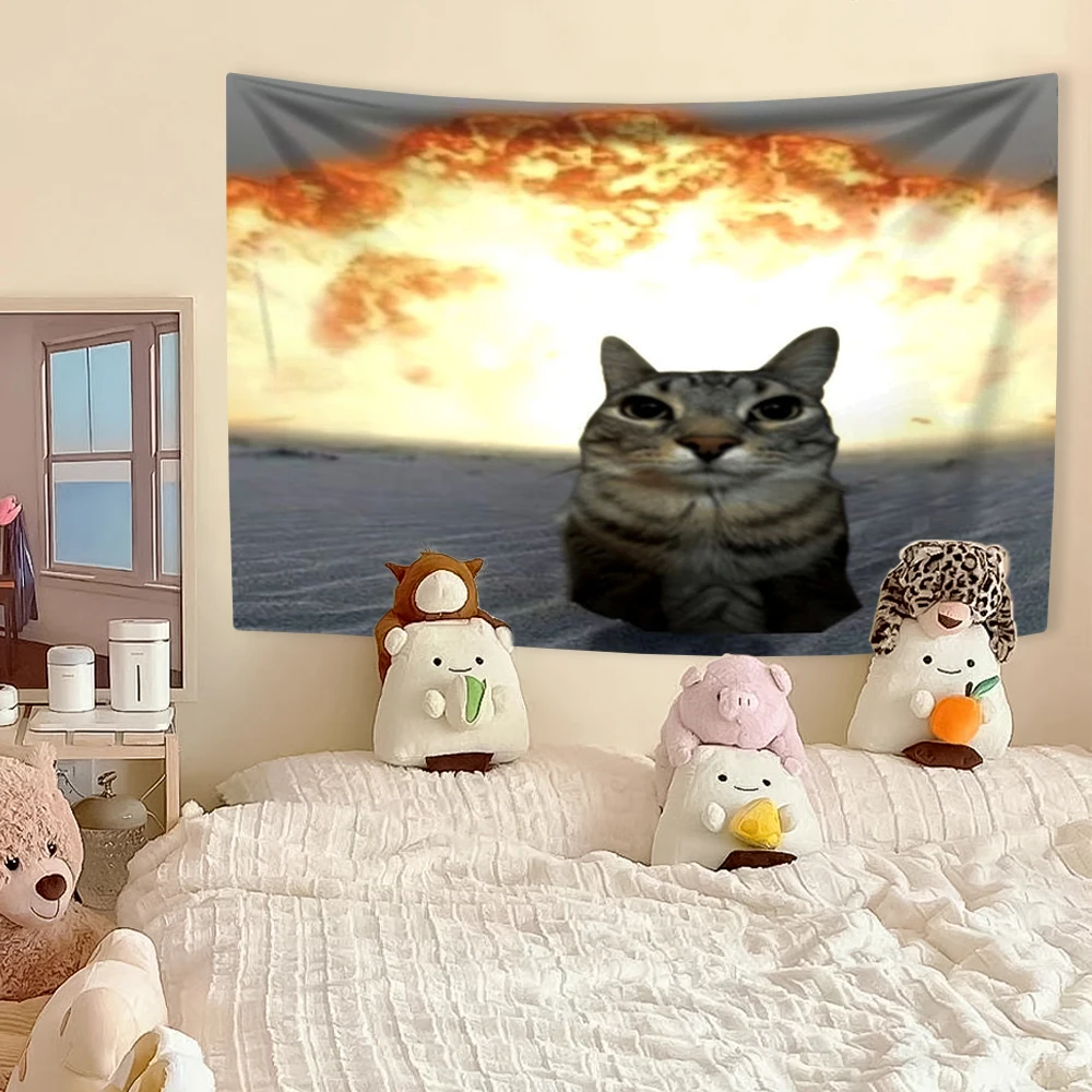 Gobelin śmieszny kot mem - dekoracja ściany Kawaii Pomarańczowy fluorescencyjny