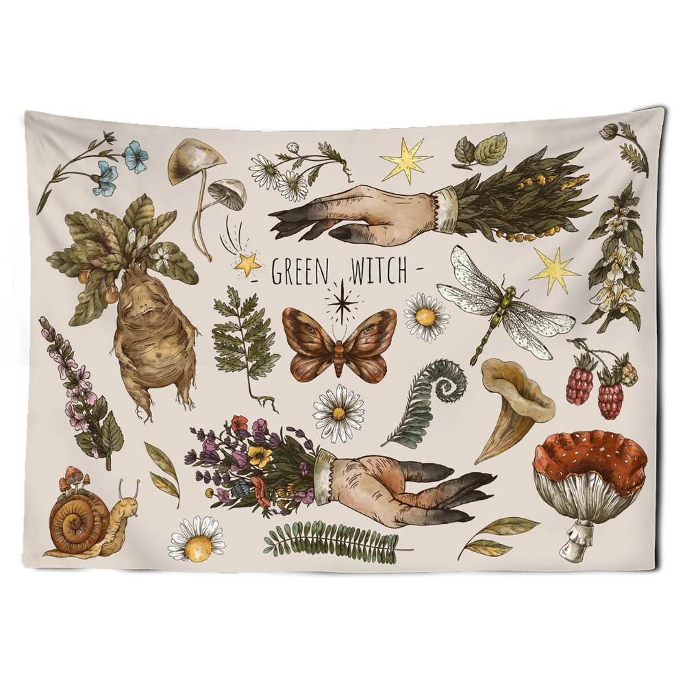 Gobelin vintage z grzybami i motywem czarownicy boho Armijna zieleń
