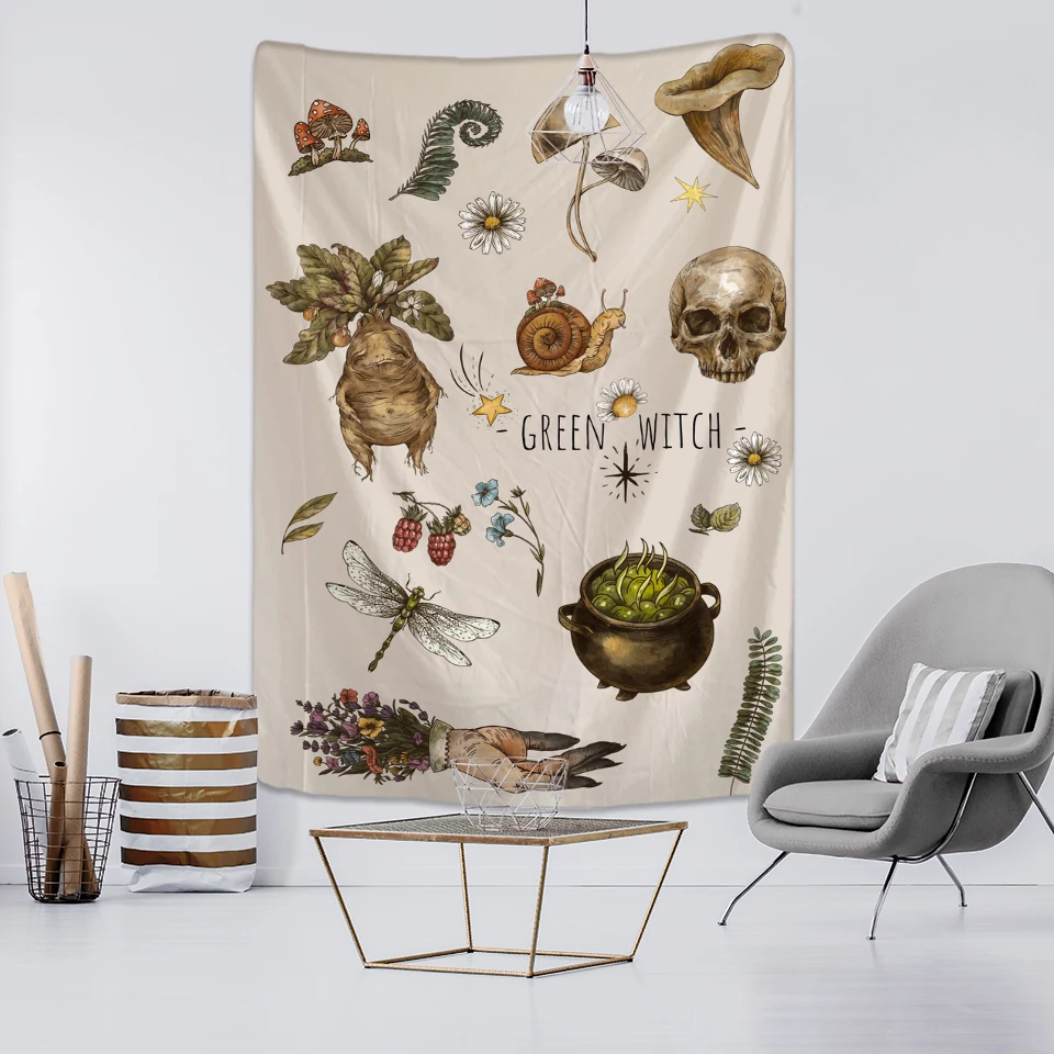 Gobelin vintage z grzybami i motywem czarownicy boho Brązowy