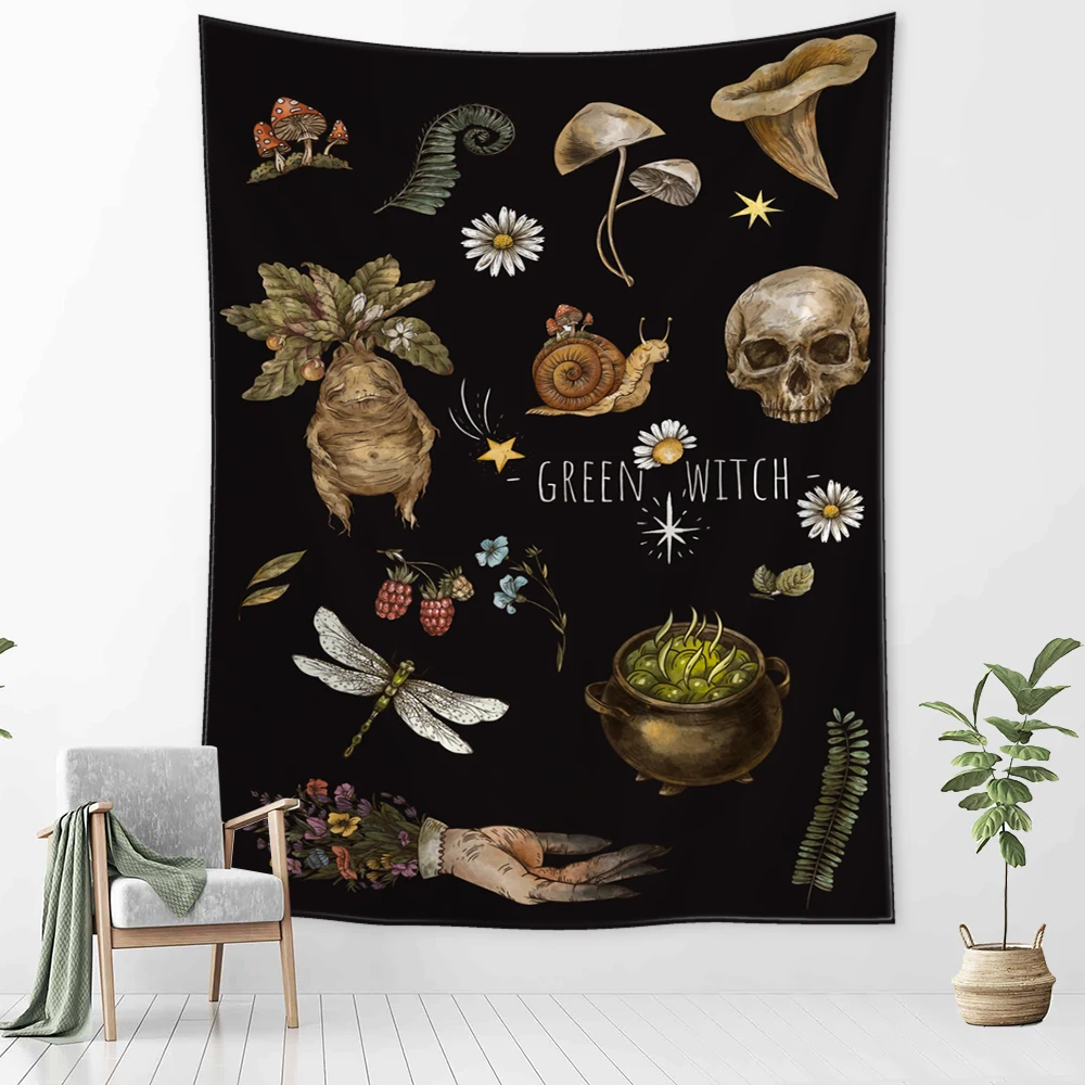 Gobelin vintage z grzybami i motywem czarownicy boho Khaki