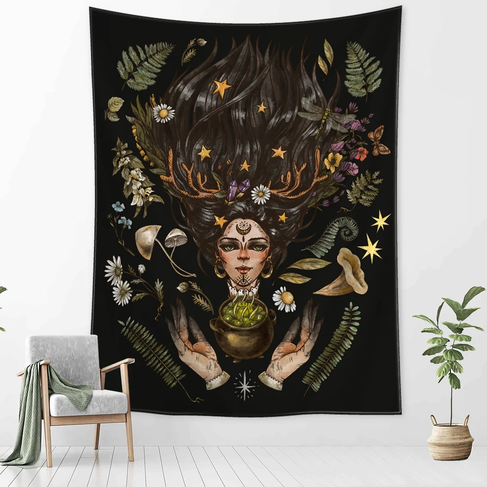 Gobelin vintage z grzybami i motywem czarownicy boho Ciemny szary