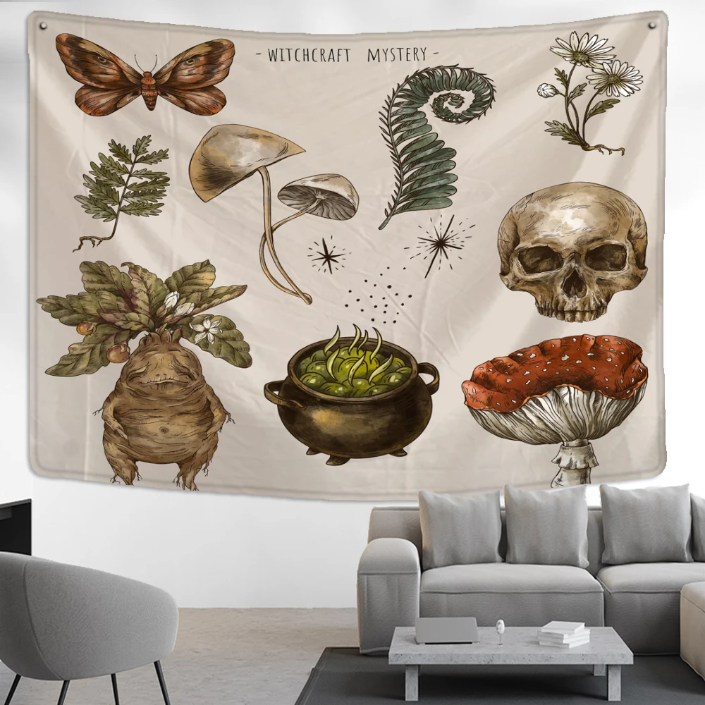 Gobelin vintage z grzybami i motywem czarownicy boho Czarny