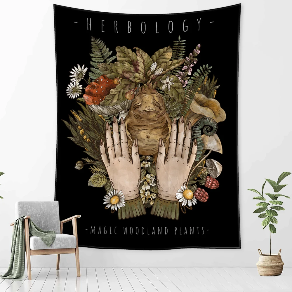 Gobelin vintage z grzybami i motywem czarownicy boho Kolor