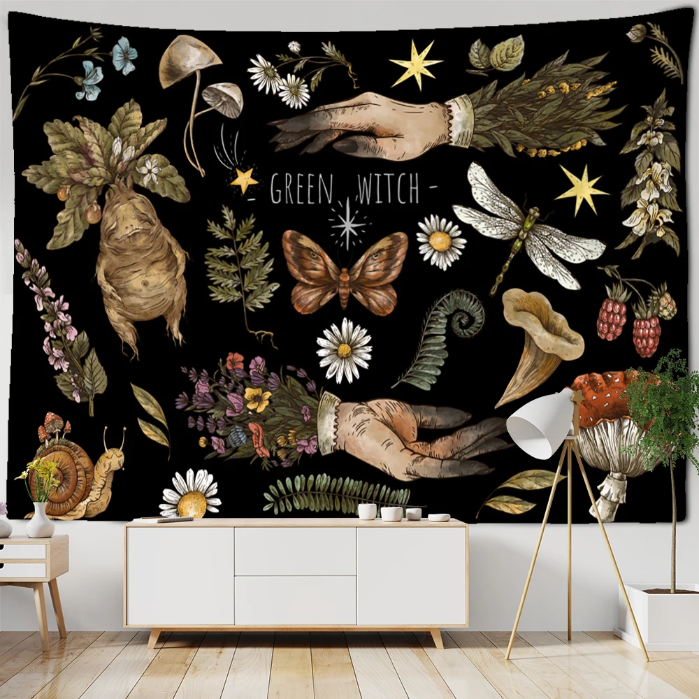 Gobelin vintage z grzybami i motywem czarownicy boho świecić