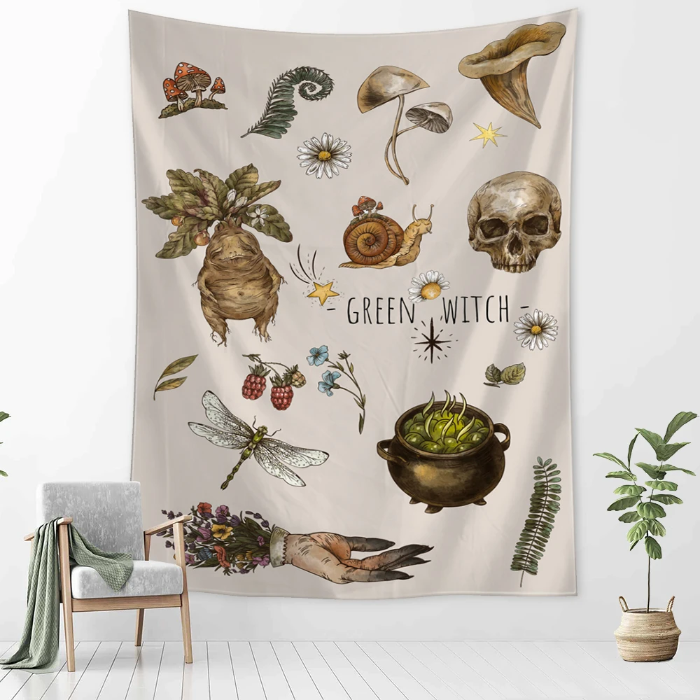 Gobelin vintage z grzybami i motywem czarownicy boho Zielony