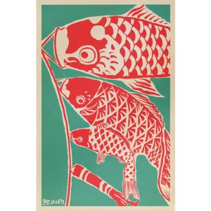 Japoński plakat vintage z motywem szczęśliwego kota i lalek Daruma Czerwony