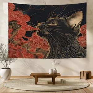 Japoński gobelin ścienny z kotem ukiyo-e fale 