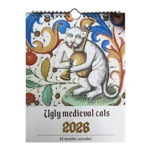 Kalendarz ścienny 2026 ze średniowiecznymi kotami, 12 miesięcy Biały