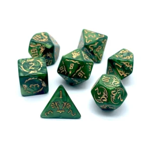 Kości wielościenne do RPG i DND — dwukolorowy zestaw z etui Zielony