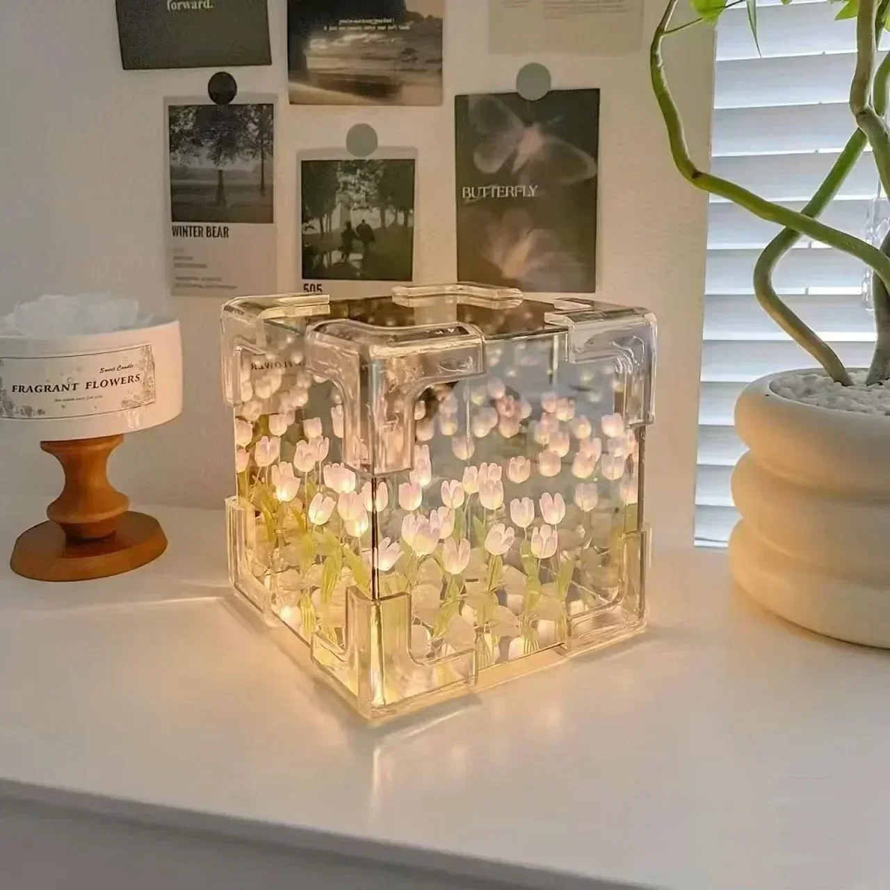 Lampka nocna tulipan z lustrzaną kostką DIY Brąz