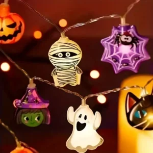 Lampki LED Halloween z duchami i pająkami na baterie — dekoracja sezonowa Ciepły biały