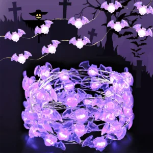Lampki LED z motywem nietoperzy na Halloween — miedziane druciki na baterie Zimna biel