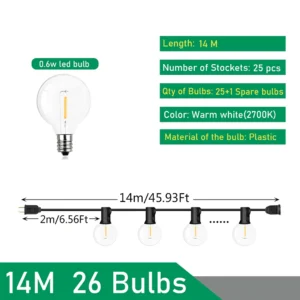 Łańcuch świetlny LED G40 na zewnątrz 110–220V do tarasu i ogrodu Zmienny