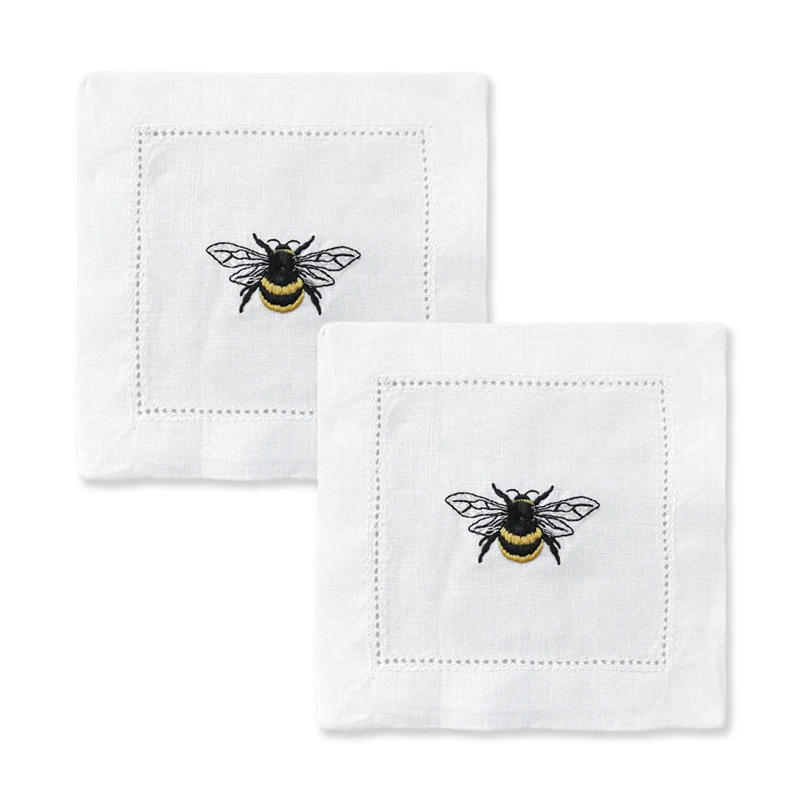 Lniane serwetki haftowane pszczoła – 15x15 cm eleganckie żółty