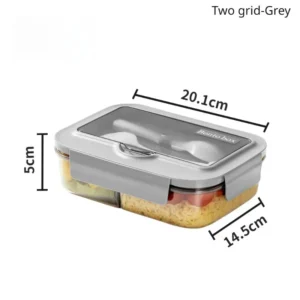 Lunchbox z przegródkami i sztućcami, szczelny pojemnik na jedzenie Szary