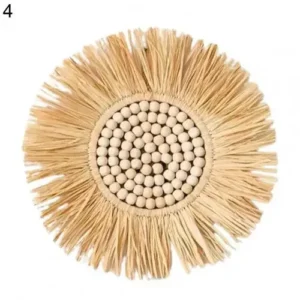 Okrągłe lustro boho ze słomianą ramą – styl nordycki do sypialni Czerwony