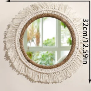 Ręcznie tkane lustro ścienne boho z dekoracją makramy Brąz