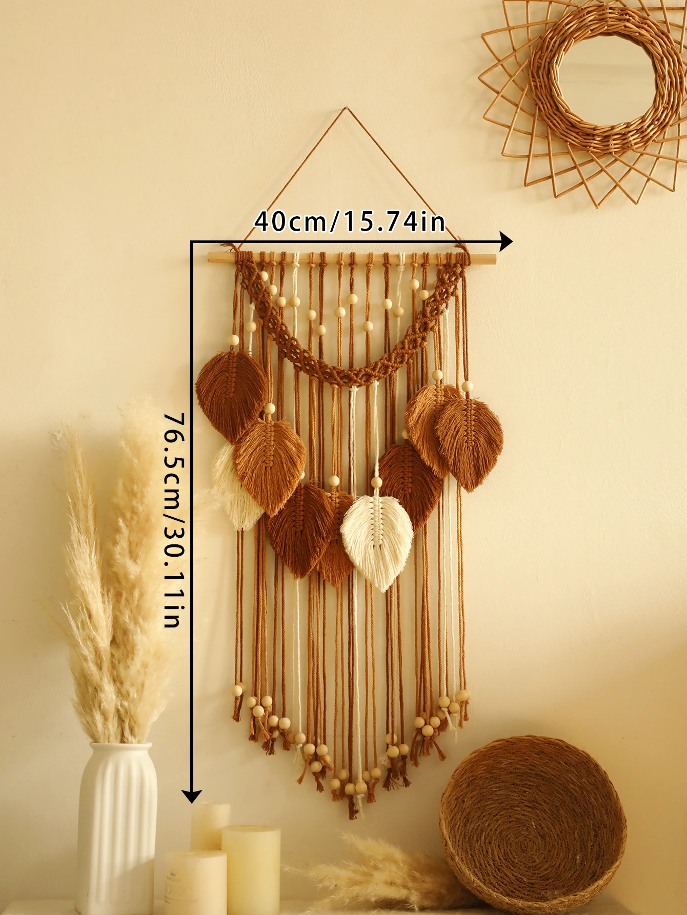 Makrama liść ścienna boho – zielono-brązowa ozdoba do domu Masło